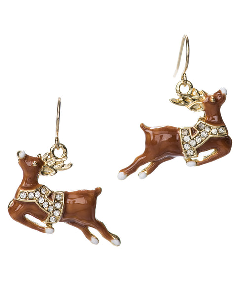 Red & Green Christmas Flying Reindeer Drop Dangle Earrings & Rhinestones by Jewelry Nexus