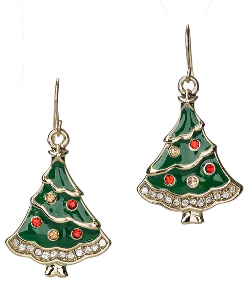 Gold-tone Rhinestone & Glitter Christmas Tree Theme Holiday Cheer Dangle Earrings by Jewelry Nexus