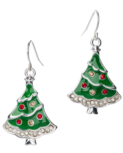 Silver-tone Rhinestone & Glitter Christmas Tree Theme Holiday Cheer Dangle Earrings by Jewelry Nexus