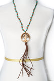 Tree of Life Wooden Rosary Bead Long Necklace & Earring Set Faux Leather Tassle
