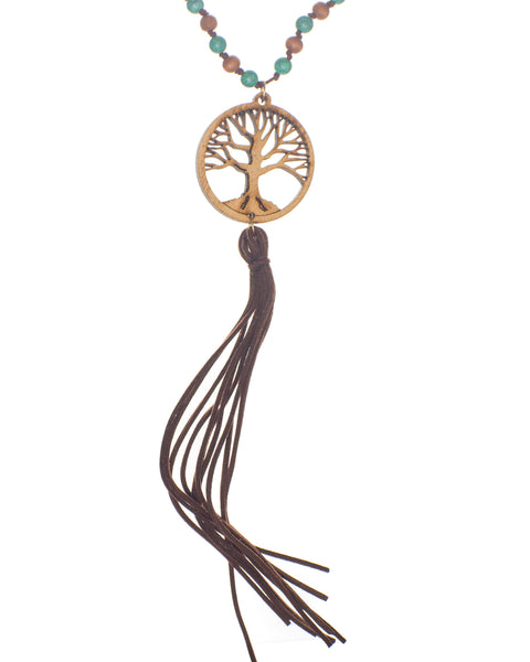 Tree of Life Wooden Rosary Bead Long Necklace & Earring Set Faux Leather Tassle