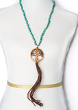 Tree of Life Wooden Rosary Bead Long Necklace & Earring Set Faux Leather Tassle