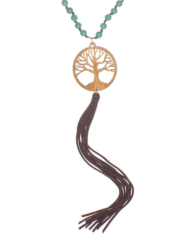 Tree of Life Wooden Rosary Bead Long Necklace & Earring Set Faux Leather Tassle
