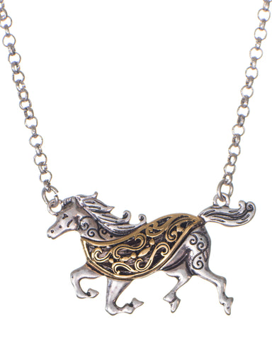 Engraved Two-Tone Galloping Horse Chain Necklace