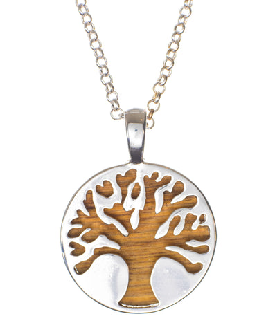 Tree of Life Pendant with Wood Underlay and Prayer on Back
