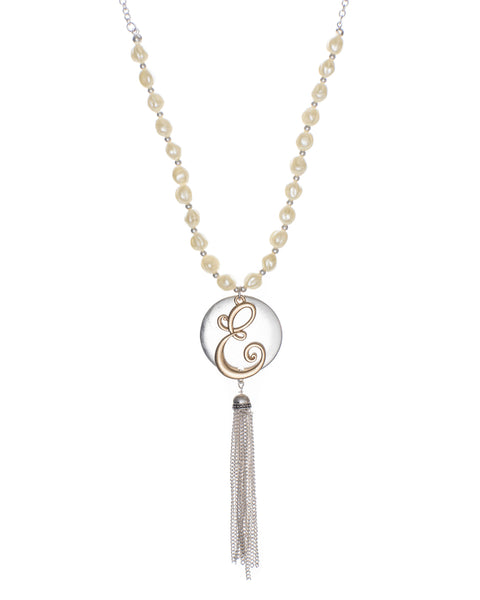 Monogram Two-Tone Medallion Necklace with Imitation Pearls & Dangling Tassle