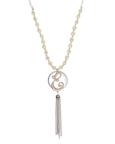 Monogram Two-Tone Medallion Necklace with Imitation Pearls & Dangling Tassle