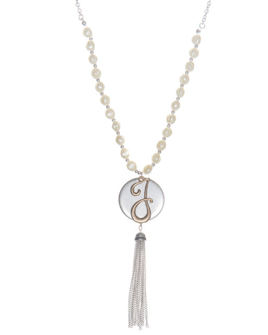 Monogram Two-Tone Medallion Necklace with Imitation Pearls & Dangling Tassle