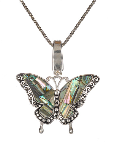 Silver-Tone Green Abalone Etruscan Butterfly Magnetic Clasp Pendant Popcorn Chain & Earrings