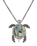 Silver-Tone Green Abalone Etruscan Turtle Magnetic Clasp Pendant Popcorn Chain & Earrings
