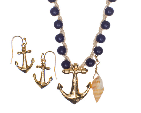 Nautical Anchor Sea Shell Themed Cord & Blue Bead Necklace with Matching Earrings
