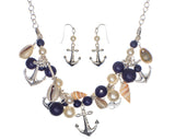 Anchor & Imitaion Sea Shell & Blue Bead Bib Necklace Set & Matching Earrings
