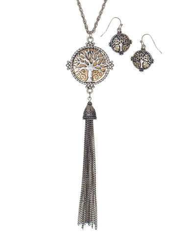 Tree of Life Two-Tone Long Rope Tassle Necklace & Matching Earrings