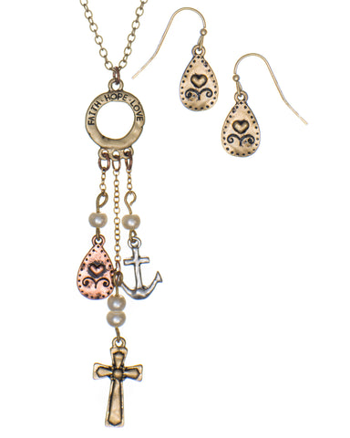 Faith Hope Love Cross Heart Anchor Pendant Chain Necklace & Earring Set