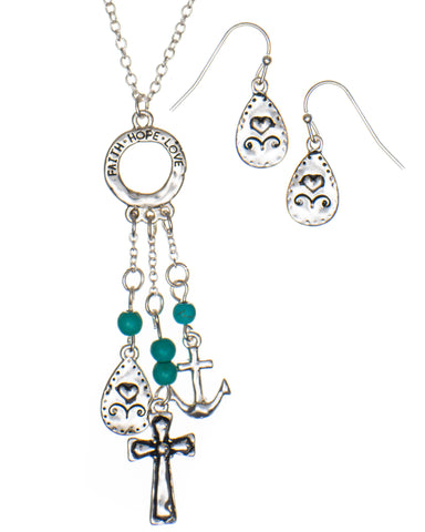 Faith Hope Love Cross Heart Anchor Pendant Chain Necklace & Earring Set