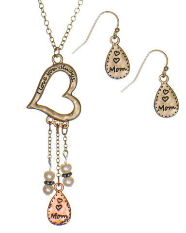 Mom I Love You Always Heart Charm Dangling Stone Necklace Earring Set