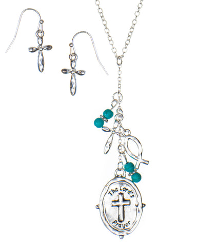 Lord's Prayer Blue Bead Cross Fish Pendant Necklace & Earring Set