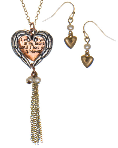 Heart Charm Overlay Flip Pendant Tassle Necklace & Earring Set