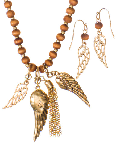 Long Rosary Angel Wings Necklace & Earring Set with Wooden Beads & Chain Tassle