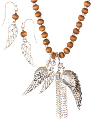 Long Rosary Angel Wings Necklace & Earring Set with Wooden Beads & Chain Tassle