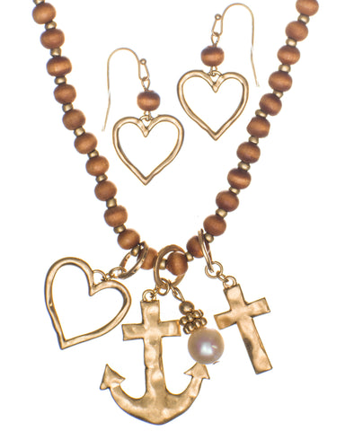 Anchor Heart Cross & Imitation Pearl Long Rosary Necklace & Earring Set