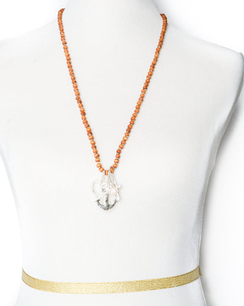 Anchor Heart Cross & Imitation Pearl Long Rosary Necklace & Earring Set