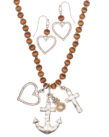 Anchor Heart Cross & Imitation Pearl Long Rosary Necklace & Earring Set