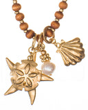 Starfish Sea Shell Sand Dollar & Imitation Pearl Long Rosary Necklace & Earring Set