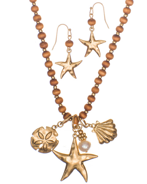 Starfish Sea Shell Sand Dollar & Imitation Pearl Long Rosary Necklace & Earring Set