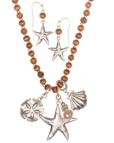 Starfish Sea Shell Sand Dollar & Imitation Pearl Long Rosary Necklace & Earring Set