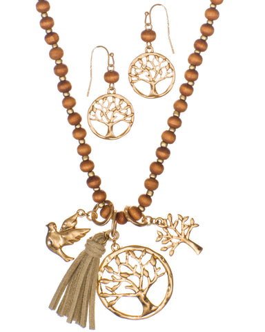 Long Rosary Tree of Life & Bird Necklace & Earring Set Wooden Beads & Faux Leather Tassle