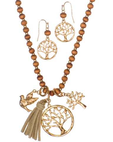 Long Rosary Tree of Life & Bird Necklace & Earring Set Wooden Beads & Faux Leather Tassle