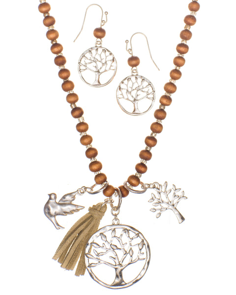 Long Rosary Tree of Life & Bird Necklace & Earring Set Wooden Beads & Faux Leather Tassle