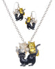 Three-tone Kitty Cat Friends Necklace & Matching Earring Set