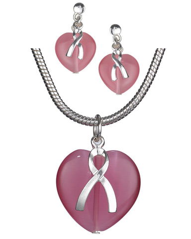 Pink Ribbon & Heart Pendant 16" Necklace Set with Matching Earrings by Jewelry Nexus