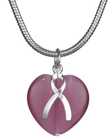 Pink Ribbon & Heart Pendant 16" Necklace Set with Matching Earrings - Jewelry Nexus