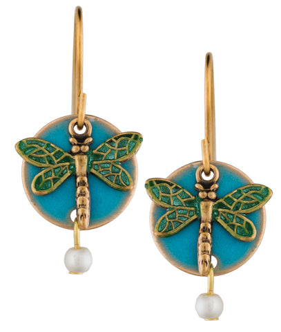 Dragonfly Drop Gold-tone Earrings by Silver Forest of Vermont Blue Enamel Layer Bead  Handcrafted in the USA ne-008