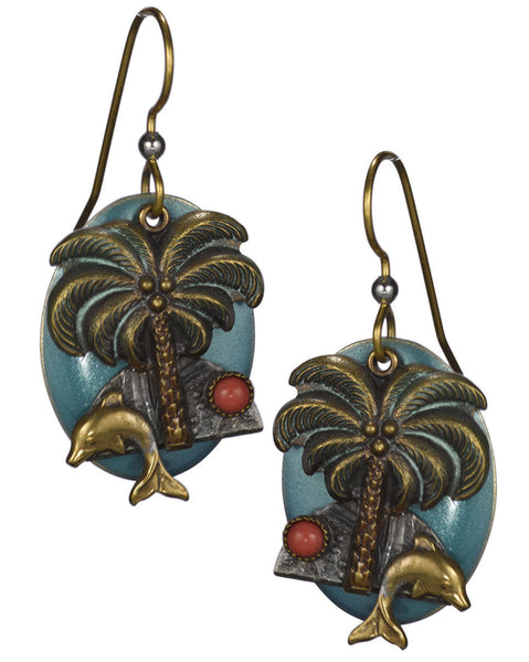 Bronzed Textured Dolphin Jumping Under Palm Tree & Blue Oval Disc Backdrop Earrings by Silver Forest