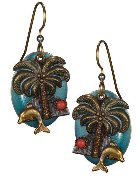 Bronzed Textured Dolphin Jumping Under Palm Tree & Blue Oval Disc Backdrop Earrings by Silver Forest