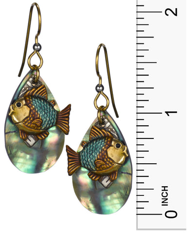 Blue & Bronze Fish over Textured Tear Drop Genuine Shiny Shell Earrings by Silver Forest