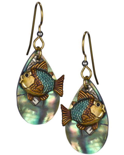 Blue & Bronze Fish over Textured Tear Drop Genuine Shiny Shell Earrings by Silver Forest