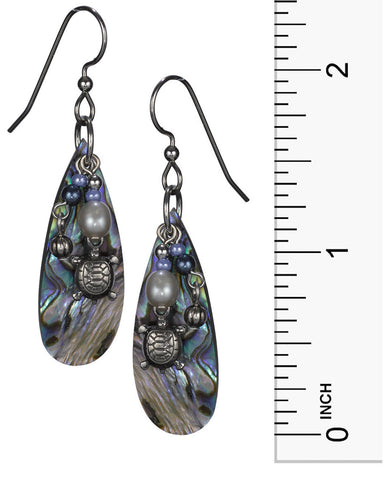 Dainty Silver Turtle & Dangling Beads Layered over Abalone Tear Drop Shell Earrings by Silver Forest