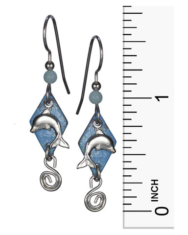 Silver Dolphin Layered Over Blue Textured diamond with a Swirl Dangle Earrings by Silver Forest