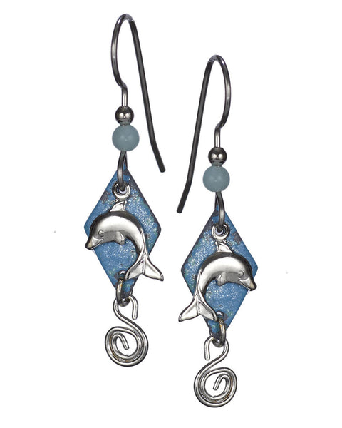 Silver Dolphin Layered Over Blue Textured diamond with a Swirl Dangle Earrings by Silver Forest