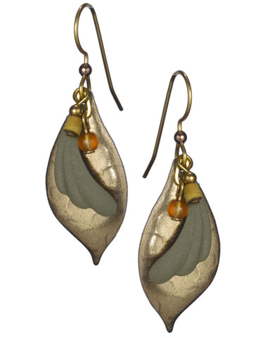 Green Textured Feather & Dangling Beads over Hammered Tear Drop Petal by Silver Forest