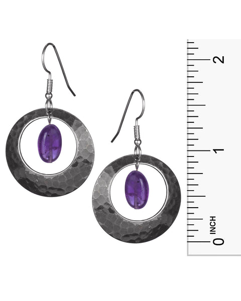 Round Hammered Drop Earring With Central Purple Bead Earrings on Surgical Steel by Silver Forest