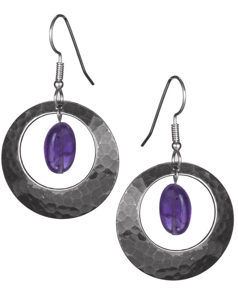 Round Hammered Drop Earring With Central Purple Bead Earrings on Surgical Steel by Silver Forest