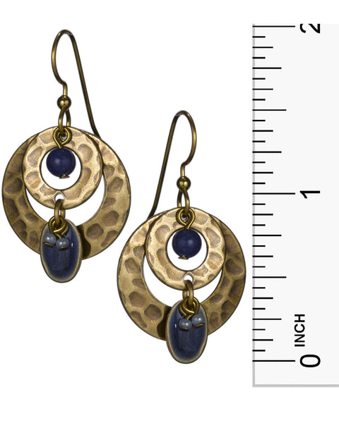 Double Round Gold & Blue Hammered Dangling Earrings 18K on Surgical Steel Earwire by Silver Forest