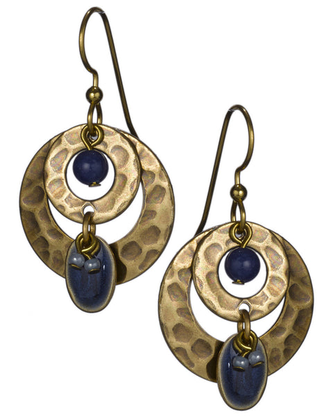 Double Round Gold & Blue Hammered Dangling Earrings 18K on Surgical Steel Earwire by Silver Forest