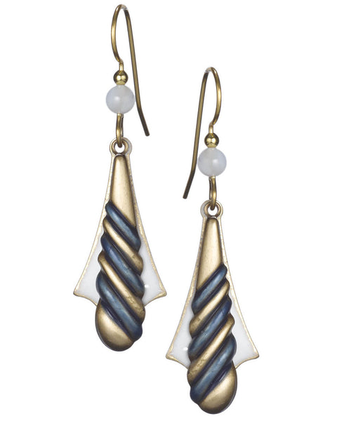 Gold Green Long Tear Drop Candy Cane Stripe & White shield Background Dangle Earrings Silver Forest